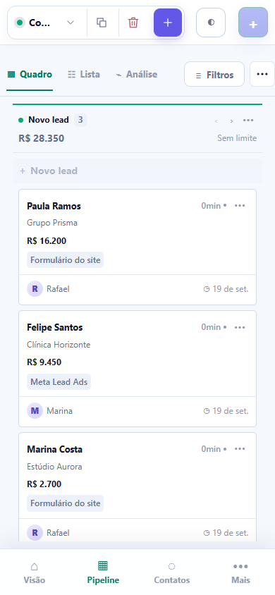 Tela real do funil do PD Convert em celular